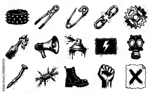 Grungy Hand-Drawn Punk Culture Graphic Element Kit for Underground Streetwear and Activism Designs