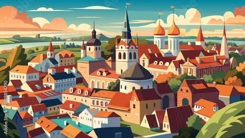 Very beautiful aerial view of Tallinn Old Town, Estonia, showcases medieval fortifications, church spires, compact rooftops, and historic urban layout surrounded by modern Baltic city development.