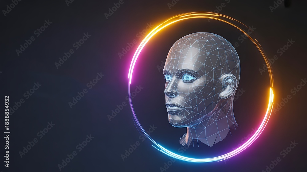Obraz premium Artificial intelligence human head with glowing digital ring concept 
