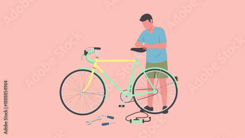Man repairing a bicycle with tools on the ground in a simple flat design.