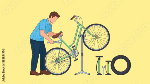 Man repairing a bicycle using a repair stand with tools and spare tire nearby.