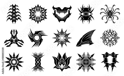 Aggressive Tribal Cyberpunk Sigils Graphic Asset Sheet for Dark Fantasy and Sci-Fi Interface Design
