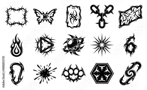 Cyber Y2K Neo-Tribal Graphic Elements Asset Sheet for Edgy Streetwear and Grunge Branding