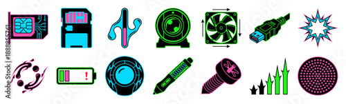 Neon Cyberpunk Hardware Graphics Asset Sheet for Futuristic Technology and PC Gaming Hardware Branding