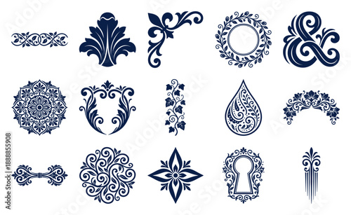Ornate Baroque Damask Flourishes and Floral Engraving Element Kit for Luxury Branding and Stationery