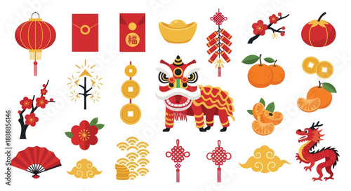 Chinese New Year Symbols Collection: Dragon, Lion Dance, Lanterns, Red Envelopes, Gold