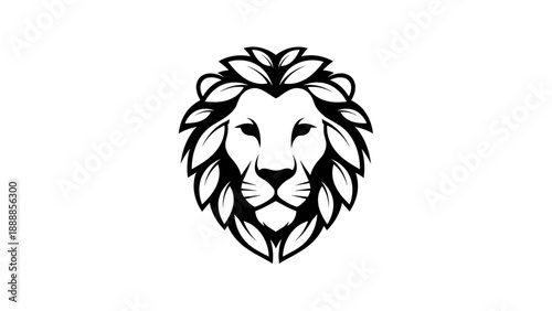 Stylized Lion Head Logo with Leaf Mane in Black and White
