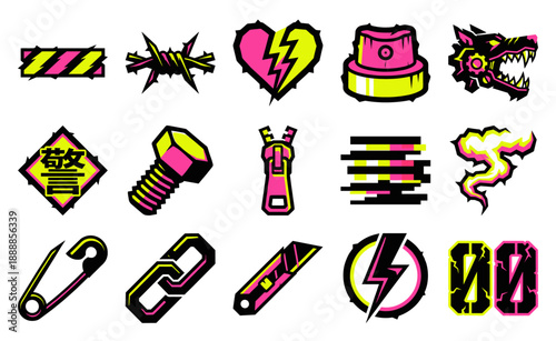 Cyberpunk Neo-Punk Graphic Asset Kit with Gritty Streetwear Elements for Edgy Brand Identity and Apparel Design