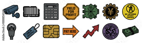 Grungy Distressed Financial Security and Surveillance Asset Sheet for Urban Cyberpunk Commerce