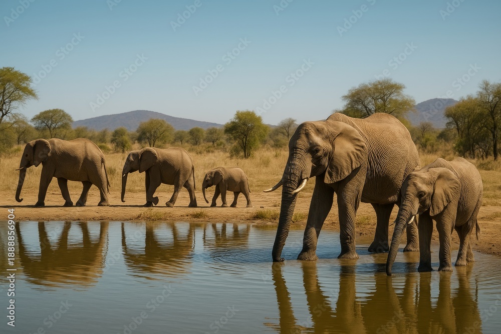 Obraz premium Majestic elephants drinking water in serene landscape. Wild nature scene captures family bond and tranquility. Quality image supports wildlife conservation and education.