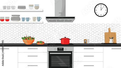 Contemporary kitchen design featuring white cabinets, subway tile backsplash, stainless steel hood, and cooking accessories.