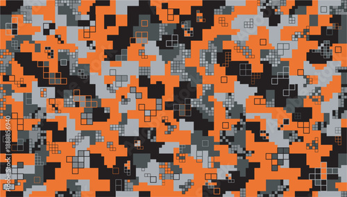 seamless digital camouflage pattern with orange, grey and black colors