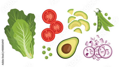 Assortment of fresh chopped salad ingredients including lettuce, tomato slices, avocado pieces, peas, and red onions.