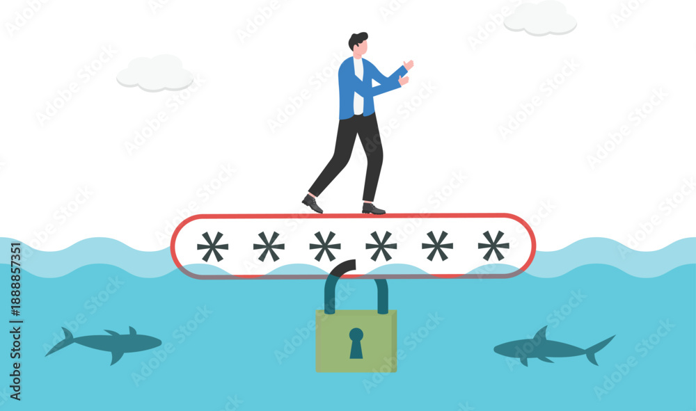 Obraz premium Businessman Balancing on Password Bar in Shark Infested Sea for Risk Management 