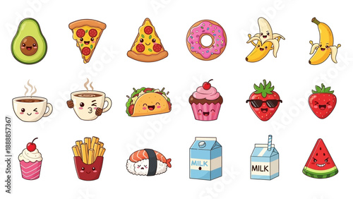 A collection of cute kawaii cartoon food and drink characters with various expressions.