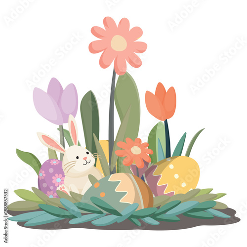 Cute Easter bunny with decorated eggs in the bush hand drawn style isolated on white background.