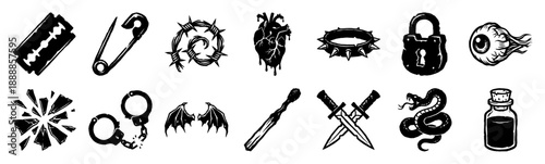 Edgy Linocut Dark Aesthetic Element Kit for Alternative Apparel and Grunge Scrapbooking Designs