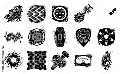 Grungy Woodcut Music and Audio Equipment Graphic Element Kit for Industrial Rock and Steampunk Design