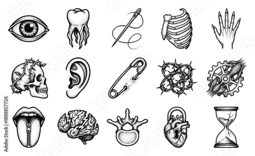 Stipple Engraving Human Anatomy and Surreal Objects Element Kit for Dark Aesthetic Graphic Design