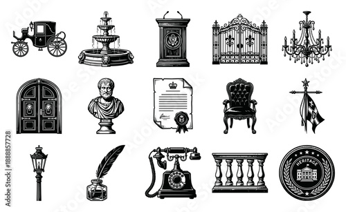 Vintage Woodcut Engravings of Estate Heritage and Government Architecture Elements for Institutional Branding Design