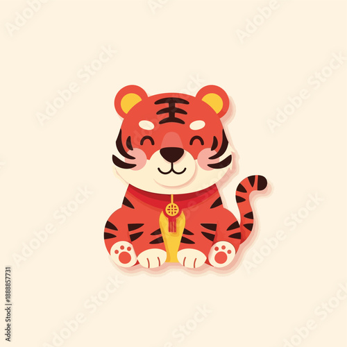 A cute cartoon tiger cub illustration sitting and smiling, wearing a traditional red collar with a golden charm, symbolizing good luck.
