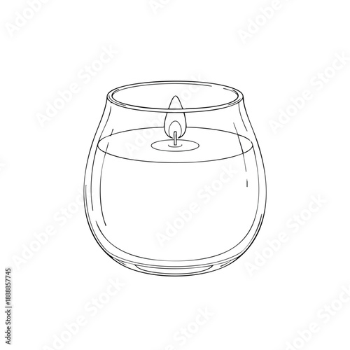 A simple line drawing of a candle in a glass holder with a wick and melted wax, depicted in a minimalist vector style against a plain white background.