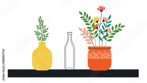 Decorative house plants in colorful ceramic pots and a glass bottle arranged neatly on a dark shelf against a plain white wall.