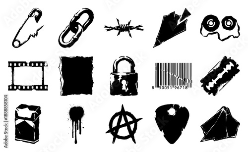 Grungy Punk Rock Aesthetic Graphic Asset Sheet for Alternative Music Subculture and Streetwear Design