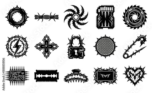 Aggressive Y2K Cybercore Thorn Elements Graphic Set for Edgy Streetwear Design and Post-Punk Digital Assets