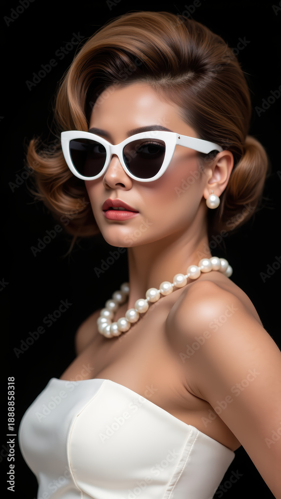 Fototapeta premium Elegant woman wearing stylish sunglasses and pearl necklace, showcasing sophisticated look with vintage hairstyle