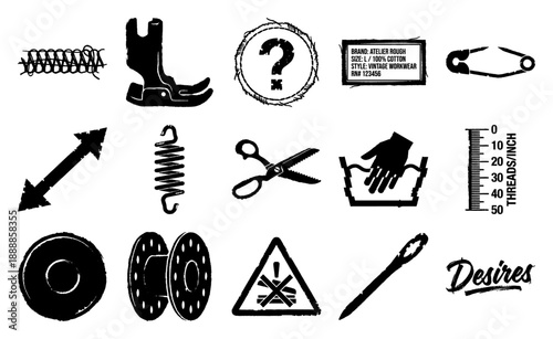 Grungy Linocut Sewing and Tailoring Element Kit for Vintage Workwear Brand Identity Design