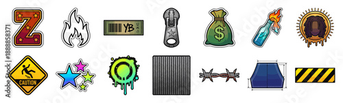 Urban Streetwear Patch and Sticker Element Kit for Modern Apparel Graphics and Digital Scrapbooking