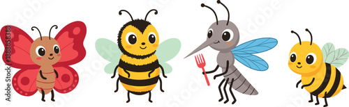 Cute cartoon insect characters set. Butterfly, bee and mosquito with funny poses. Colorful flat vector illustration for kids design, stickers, apps and education.