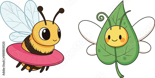 Cute cartoon bee characters set. Adorable honey bee and leaf fairy insect mascots. Flat vector illustration for kids design, stickers, apps and nature themes.