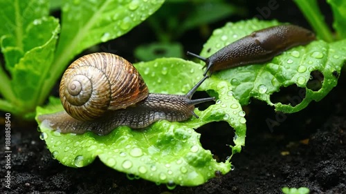 Snails on green leaf with water droplets