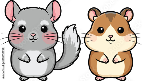 Cute cartoon rodent characters set. Chinchilla and hamster standing poses. Flat vector illustration for kids design, stickers, apps and animal mascots.