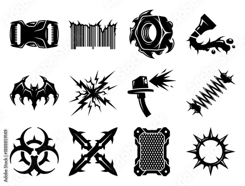 Edgy Cyberpunk Streetwear Graphic Element Kit for Y2K Grunge Apparel and Brutalist Poster Design