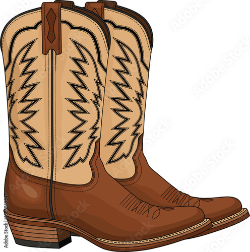 Pair of classic brown leather cowboy boots with decorative stitching and traditional western design, american frontier footwear fashion flat vector illustration isolated on white.