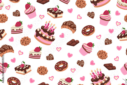 Sweet vector seamless pattern featuring baked goods and desserts. Cakes, donuts, pastries, cookies, and chocolate. Repeatable background for fabric, textiles, wrapping paper.