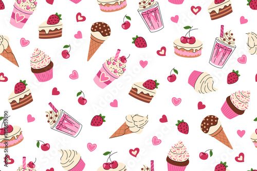 Sweet and cuddly pattern of ice creams, cocktails, and cakes. Repeating vector background for Valentine's Day. Design for fabric, textiles, wrapping paper.