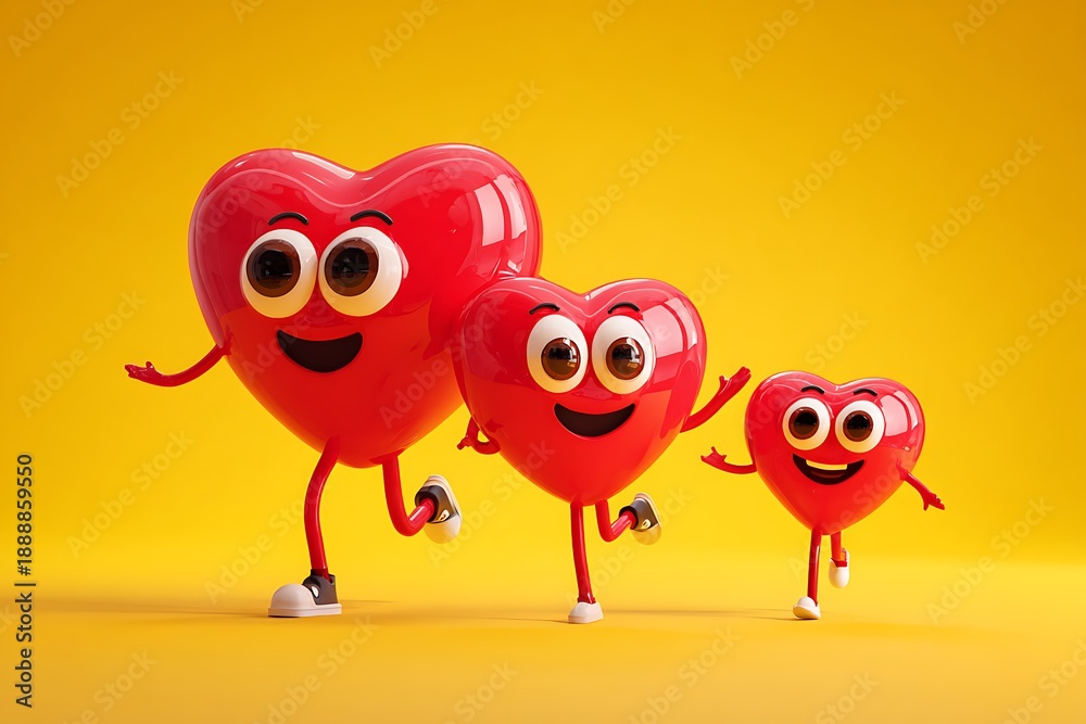 Fototapeta premium Happy 3d red heart characters running together joyfully