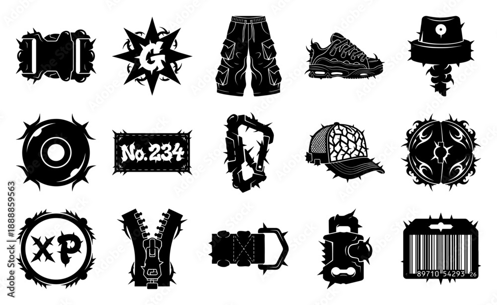 Naklejka premium Cyberpunk Streetwear Hardware and Goth Aesthetic Graphic Element Kit for Y2K Fashion Design