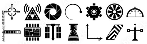 Minimalist Black Vector Technical Icon Graphic Set for Industrial UI and Futuristic Interface Design