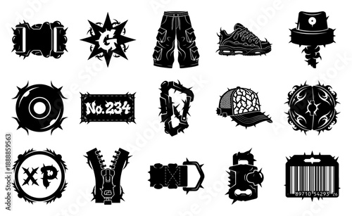 Cyberpunk Streetwear Hardware and Goth Aesthetic Graphic Element Kit for Y2K Fashion Design