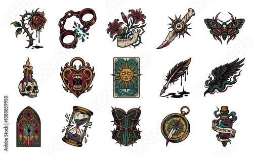 Vintage Neotraditional Gothic Tattoo Elements Graphic Set for Dark Romanticism and Occult Aesthetic Design