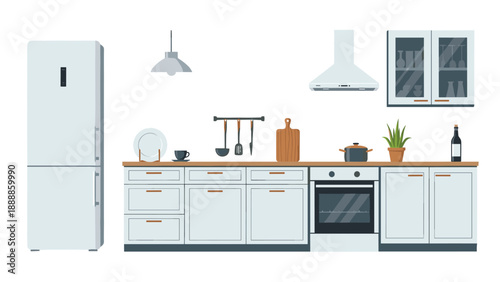 Minimalist flat vector illustration of a modern white kitchen interior with wooden countertops and essential culinary tools.