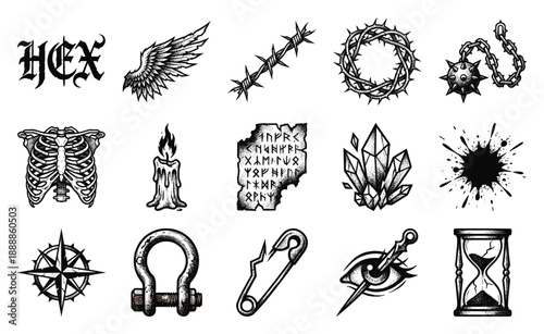 Dark Gothic Engraving Mystical Occult Element Kit for Alternative Tattoo Flash and Grunge Design