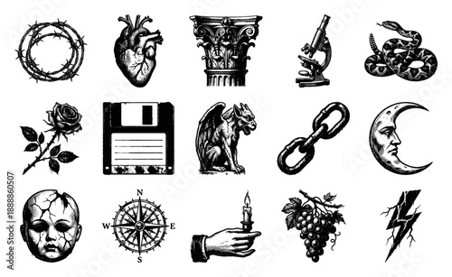 Vintage Hand-Drawn Woodcut Engraving Element Kit for Dark Academia and Gothic Scrapbooking