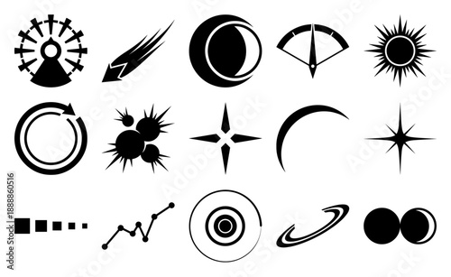 Minimalist Celestial Astronomy Element Kit featuring Geometric Space Symbols and Cosmic Silhouette Asset Sheet
