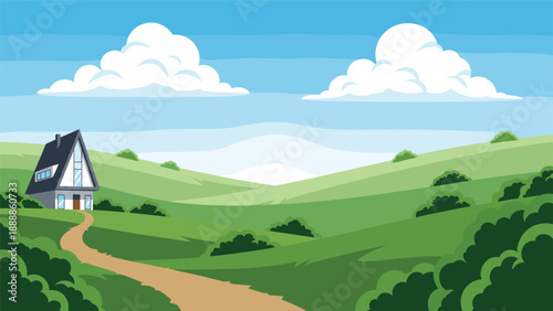 Idyllic landscape illustration showing a modern A-frame cabin nestled in green rolling hills under a bright blue sky.